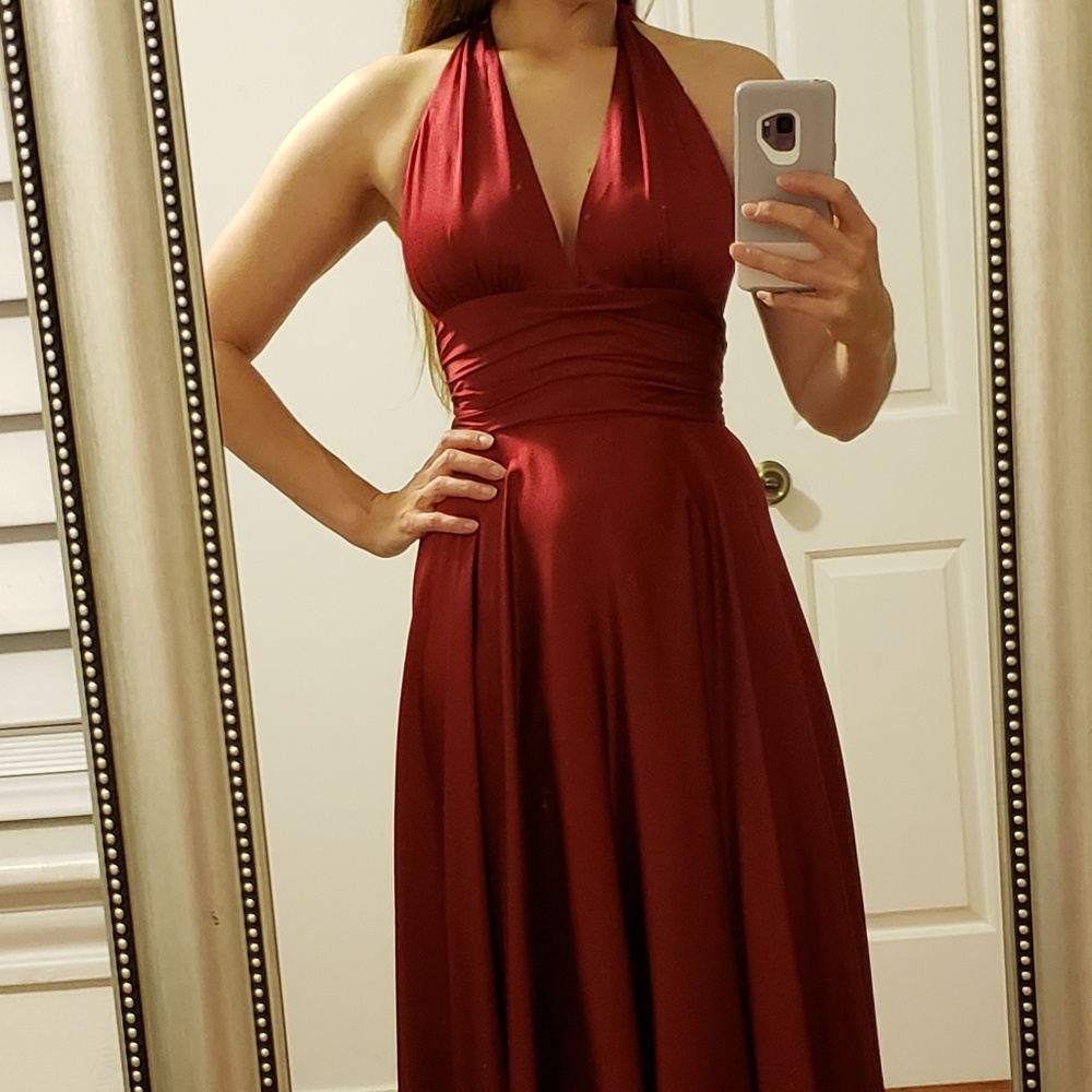 Red silk halter dress